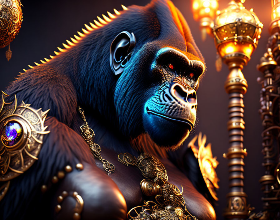 Regal gorilla with golden jewelry in ornate setting
