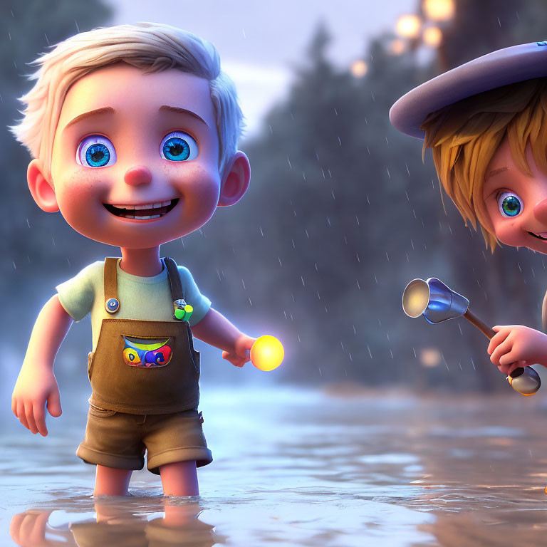 Animated boy with glowing orb and girl with magnifying glass in rain at dusk
