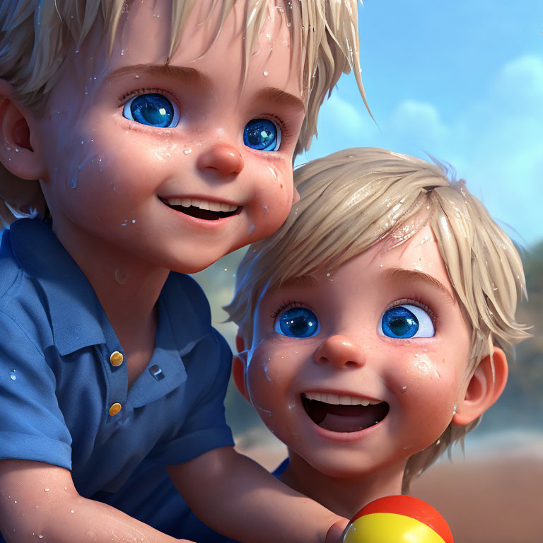 Two children with sparkling blue eyes and colorful ball under clear sky