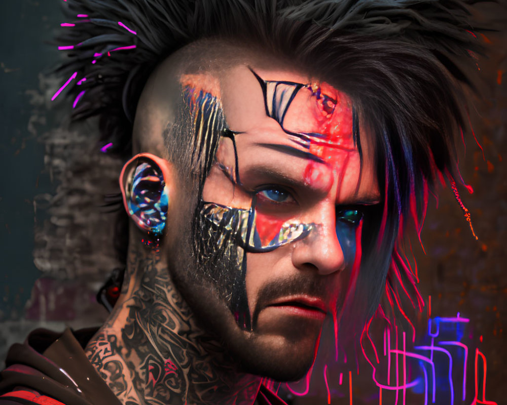 Man with cyberpunk-inspired mohawk, neon makeup, tattoos, and piercings.