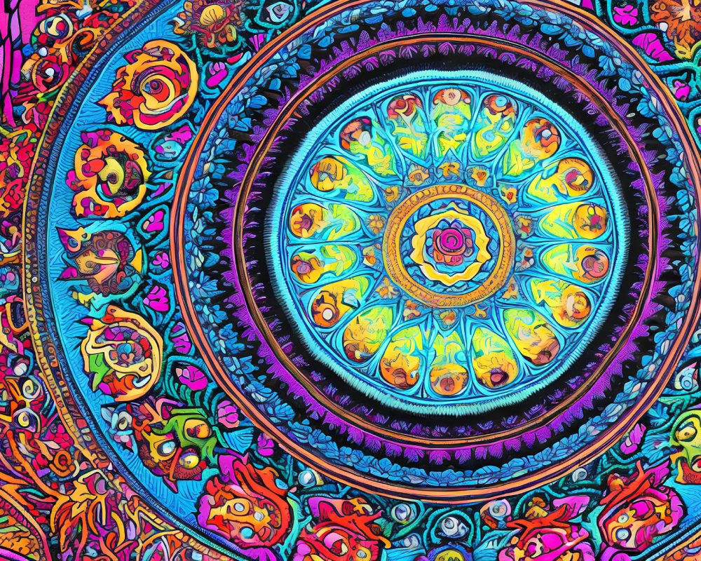 Colorful Mandala Design with Intricate Patterns and Floral Border