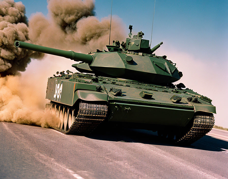 Armored military tank moving on paved surface with trailing dust clouds
