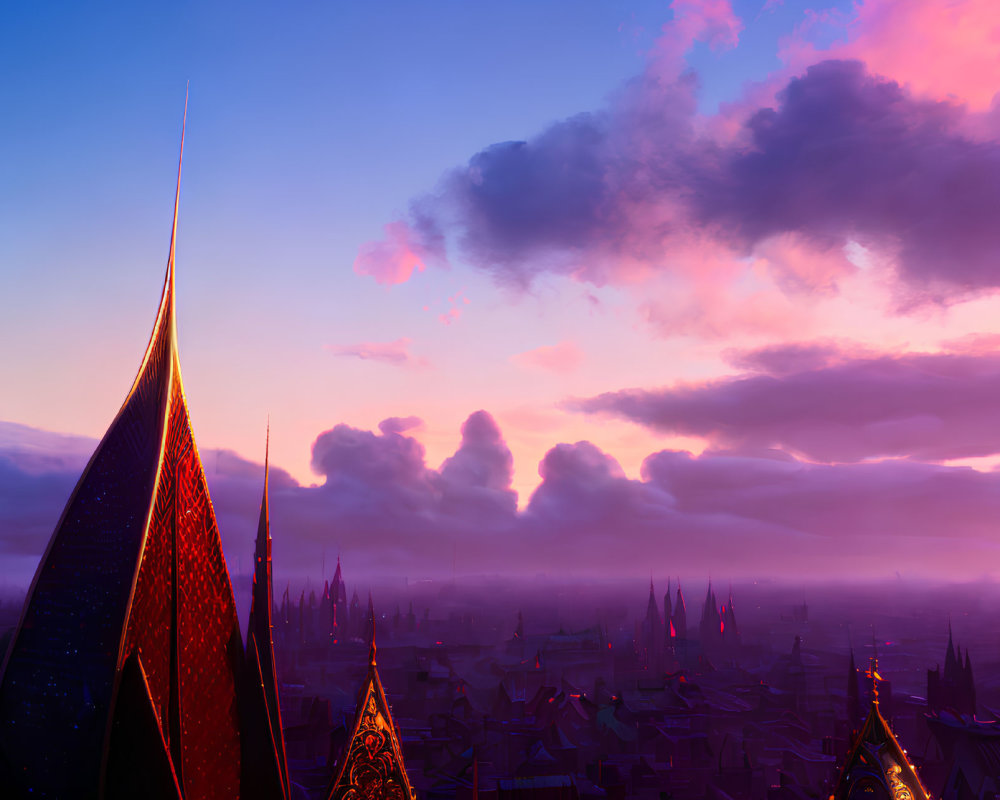 Futuristic cityscape at sunset with tall spire-like buildings under a dramatic pink and purple sky