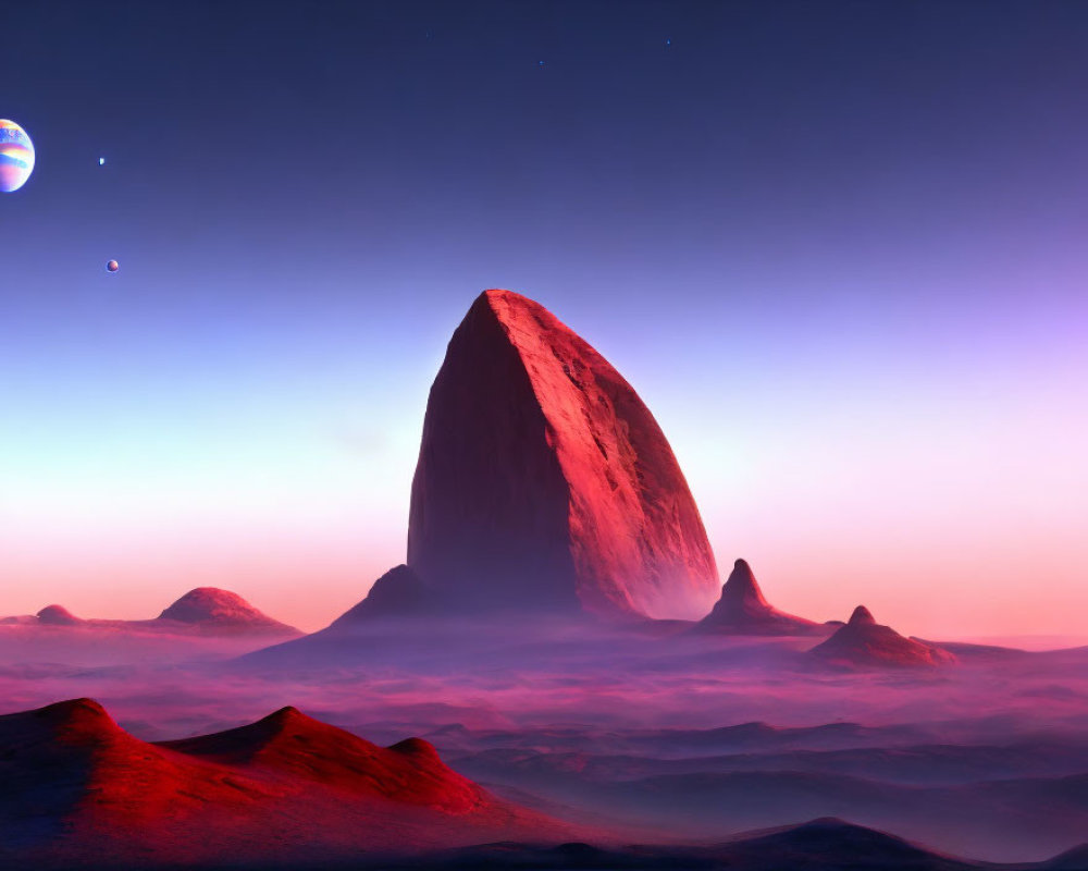 Surreal landscape featuring monolithic rock under twilight sky