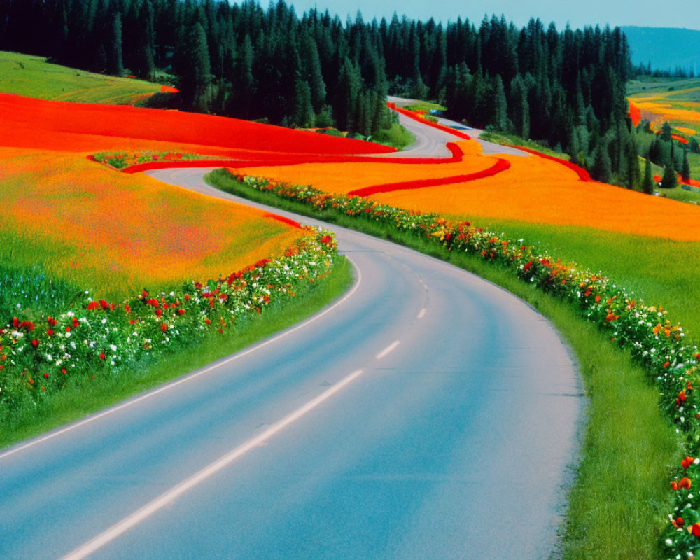 Scenic winding road through vibrant red and orange flower fields
