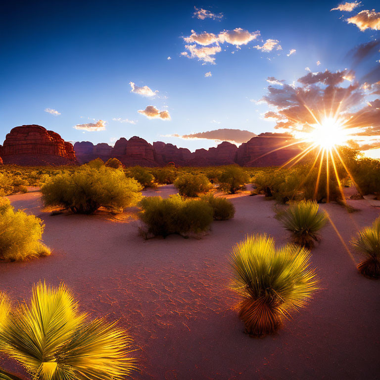 Dramatic desert landscape at sunset with rock formations and shrubs