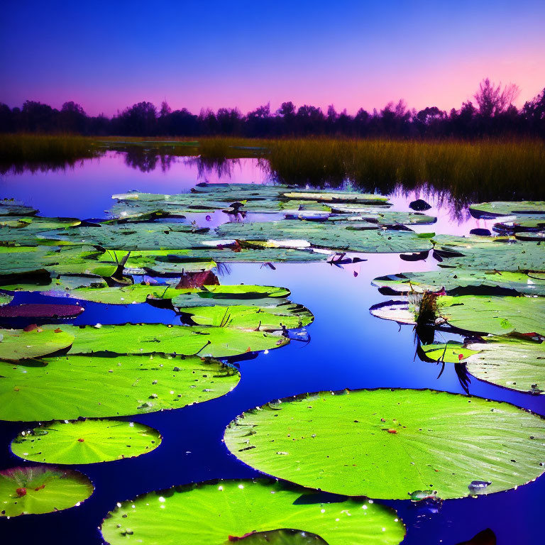 Tranquil Twilight Scene: Still Pond, Green Lily Pads, Reflective Sky