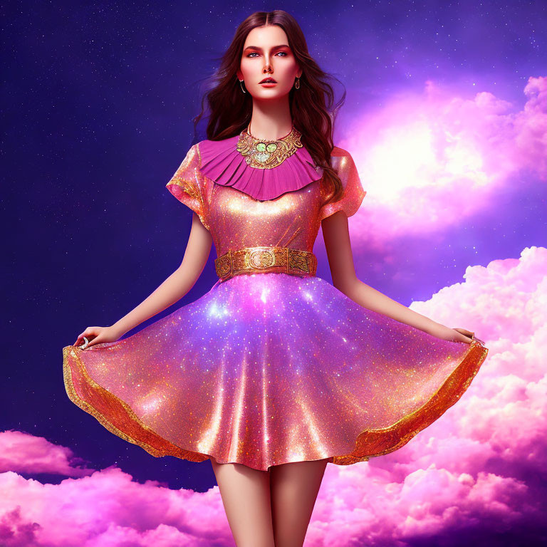 Woman in Glittery Pink Cosmic Dress Against Purple Sky