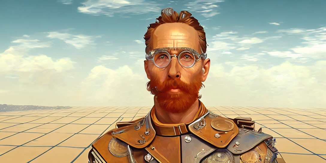 Man in Beard and Glasses Wearing Armored Suit in Grid Landscape
