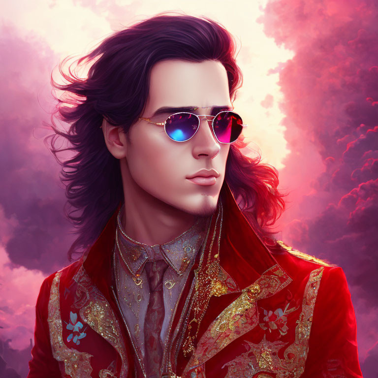 Man in Reflective Sunglasses & Red Floral Jacket Portrait