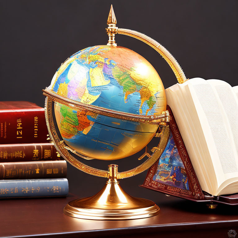 Detailed Globe on Brass Stand Next to Open Book and Stacked Hardcover Books on Dark Shelf