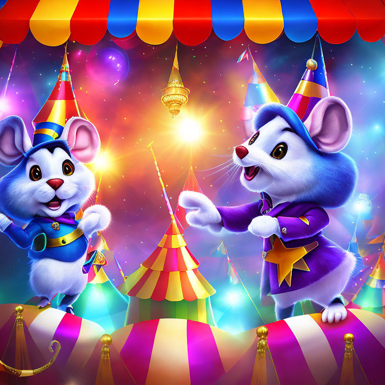 Animated mice in party hats interact at colorful circus tent.