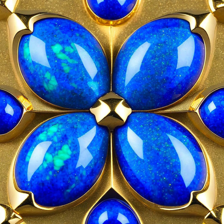Symmetrical Blue Gemstone Pattern with Gold Petal Outlines
