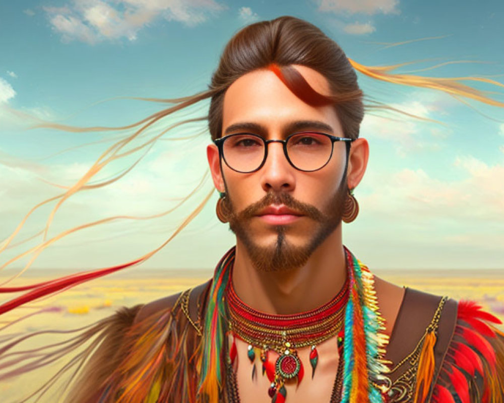 Man with Glasses and Beard in Colorful Attire on Meadow Background