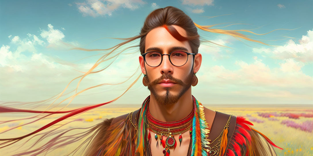Man with Glasses and Beard in Colorful Attire on Meadow Background