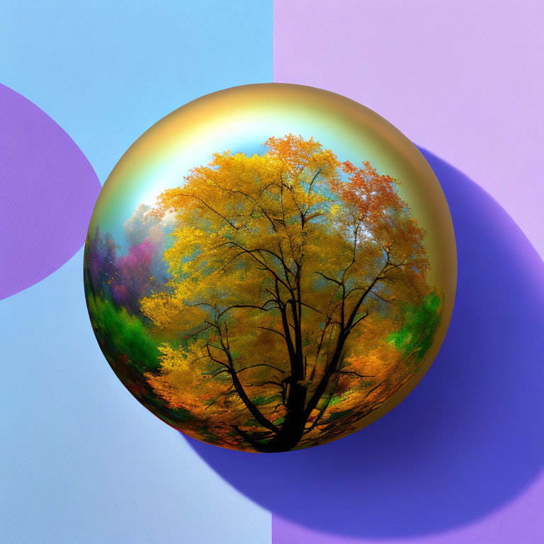 Colorful autumn trees reflected on shiny sphere with geometric purple and blue background