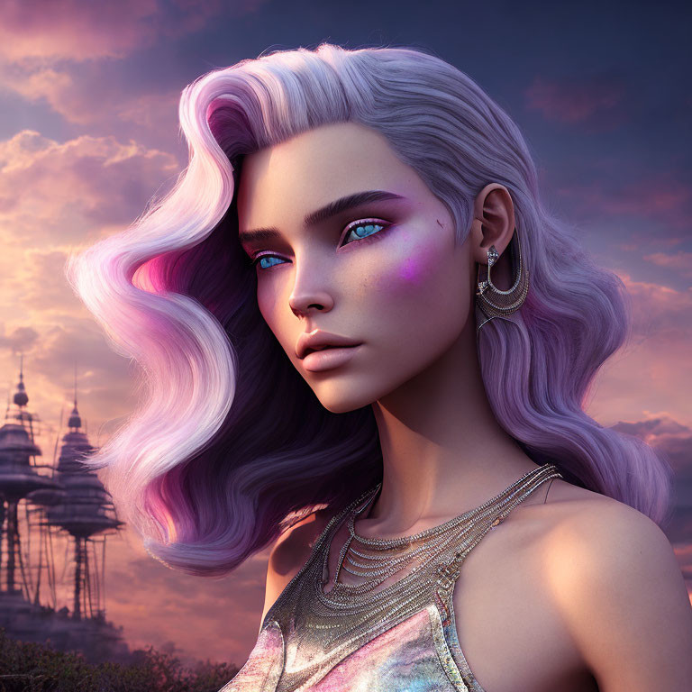 Digital Artwork: Female Figure with Purple and White Hair in Fantasy Skyline