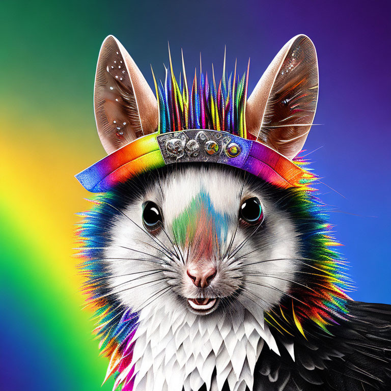 Colorful Cat Portrait with Punk Hairstyle and Rainbow Headband on Vibrant Background