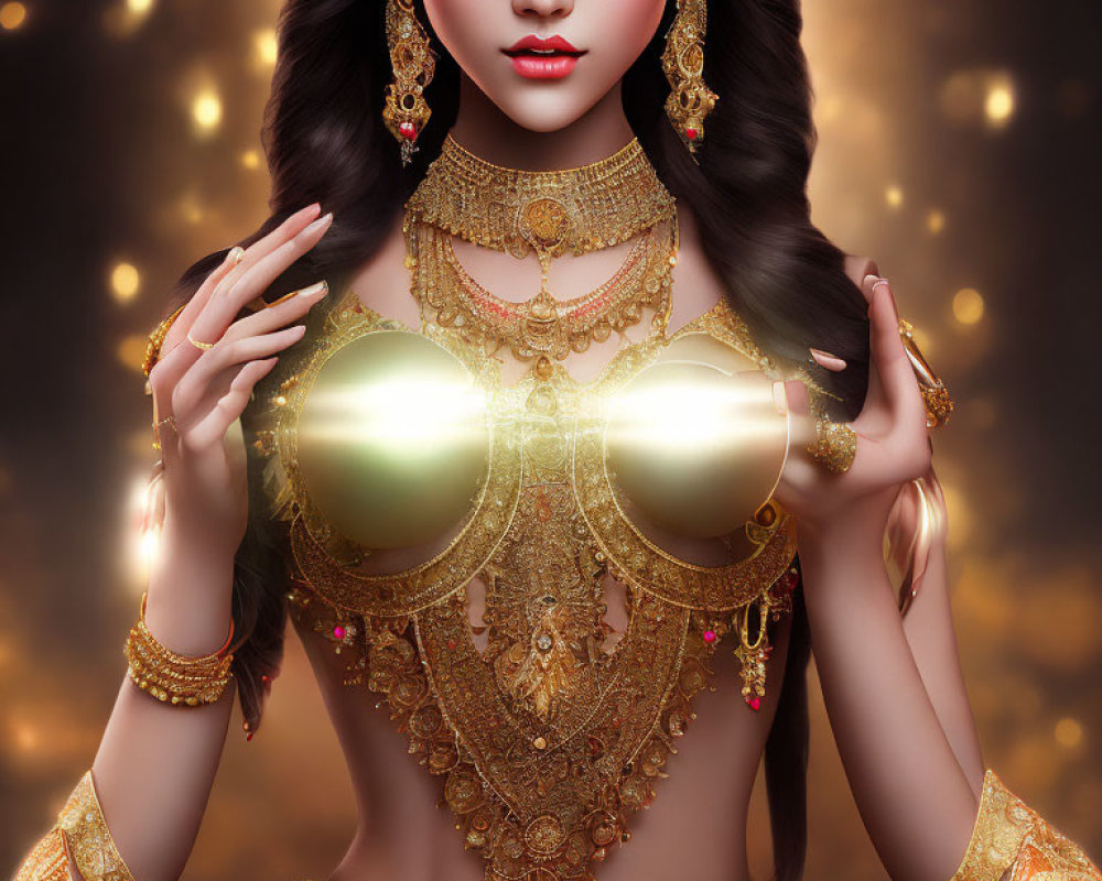 Detailed illustration of woman with striking makeup and gold jewelry on warm bokeh backdrop