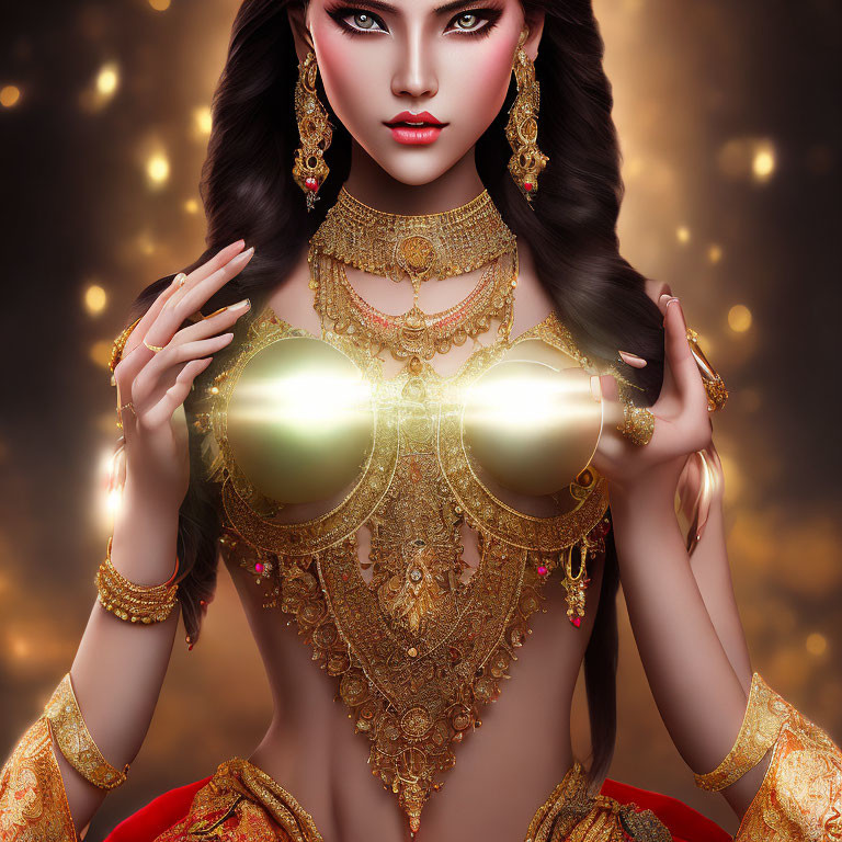 Detailed illustration of woman with striking makeup and gold jewelry on warm bokeh backdrop