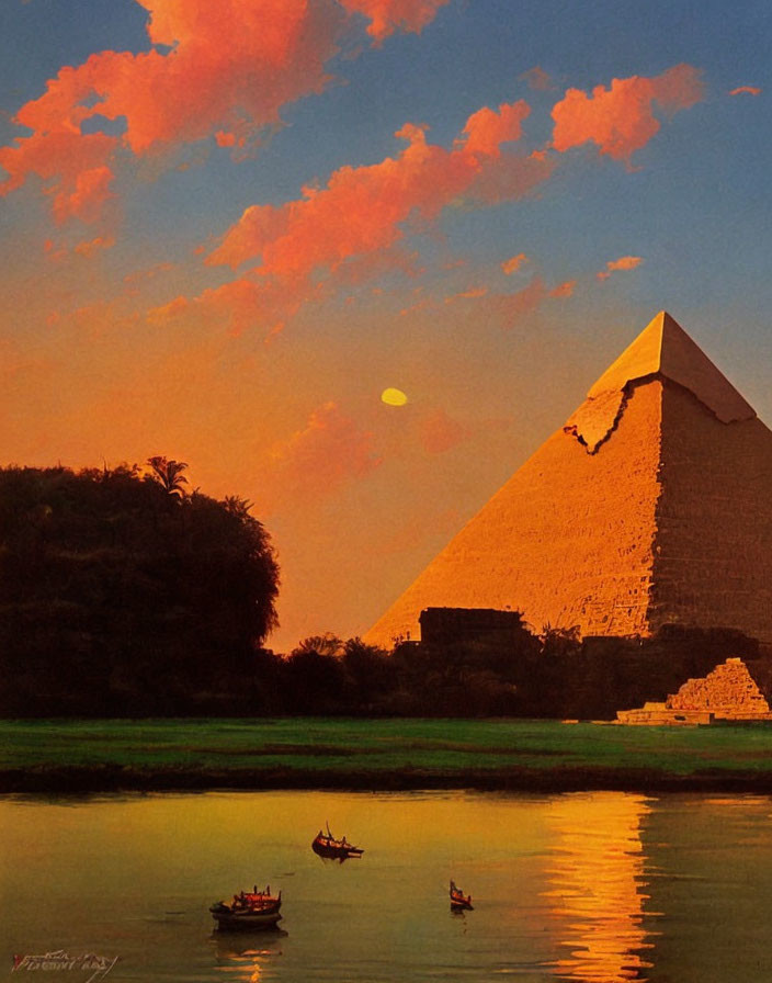 Great Pyramid of Giza at Sunset with River and Boats