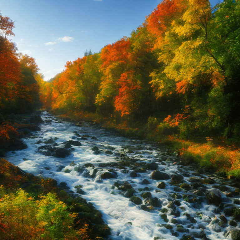 Colorful autumn forest scene with river under blue sky