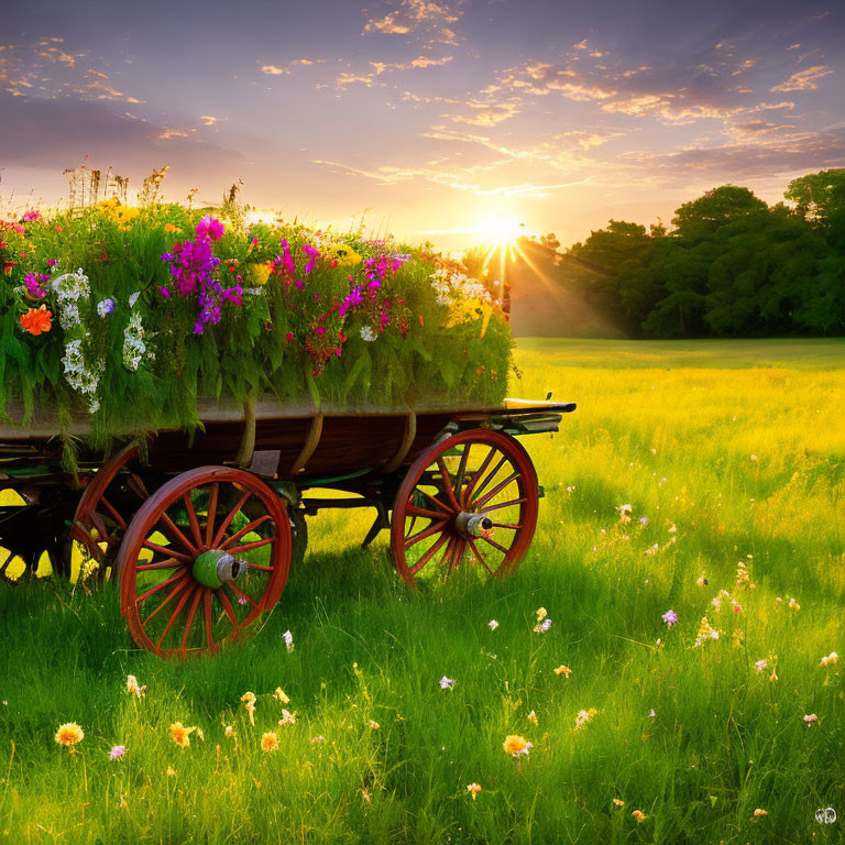 Colorful flowers in old wooden cart in vibrant meadow at sunset