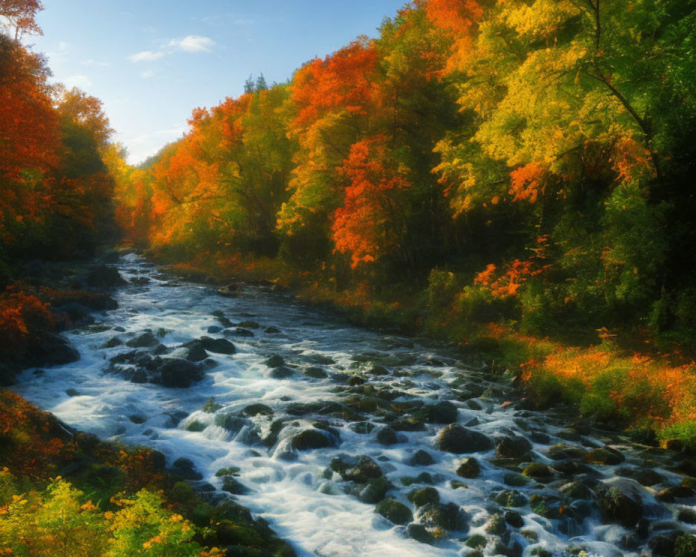 Colorful autumn forest scene with river under blue sky