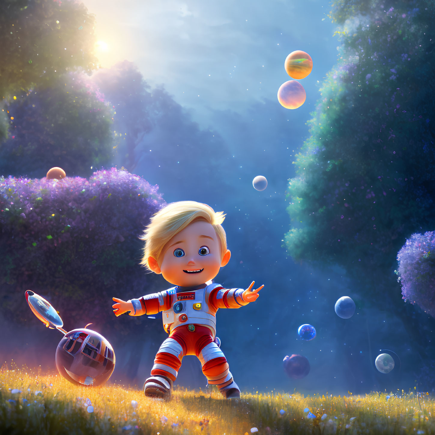 Child Astronaut Playing with Planets in Mystical Forest Scene