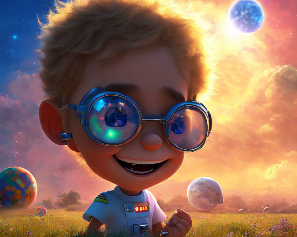 Young boy in futuristic attire smiling in sunset field with fantastical planets.