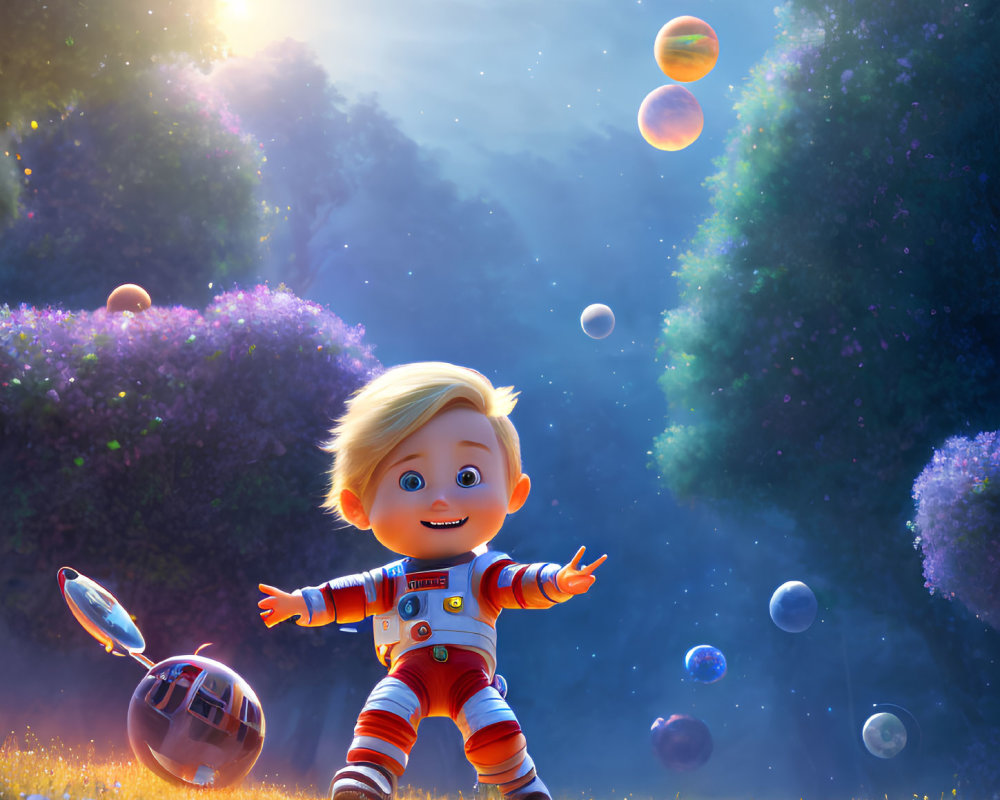 Child Astronaut Playing with Planets in Mystical Forest Scene