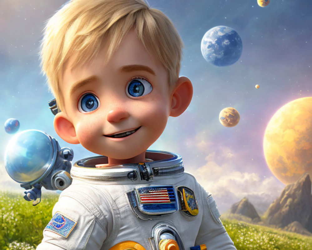 Young animated astronaut in field with planets and bubbles