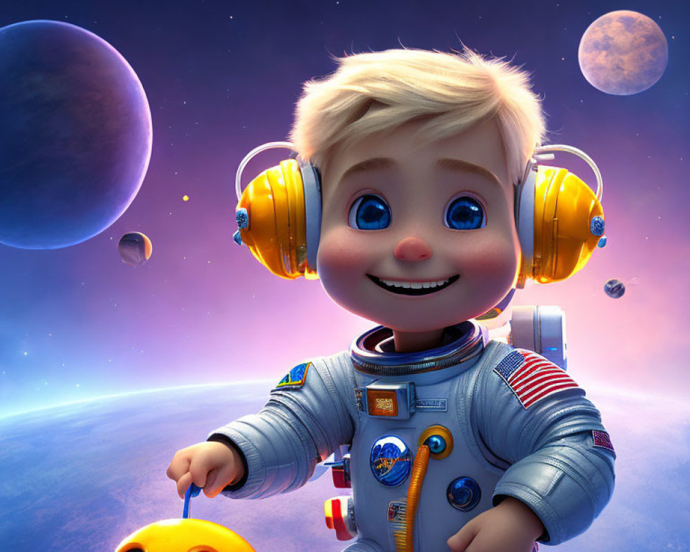 Child Astronaut with Blue Eyes and Yellow Headphones Smiling Next to Orange Robot in Space Setting