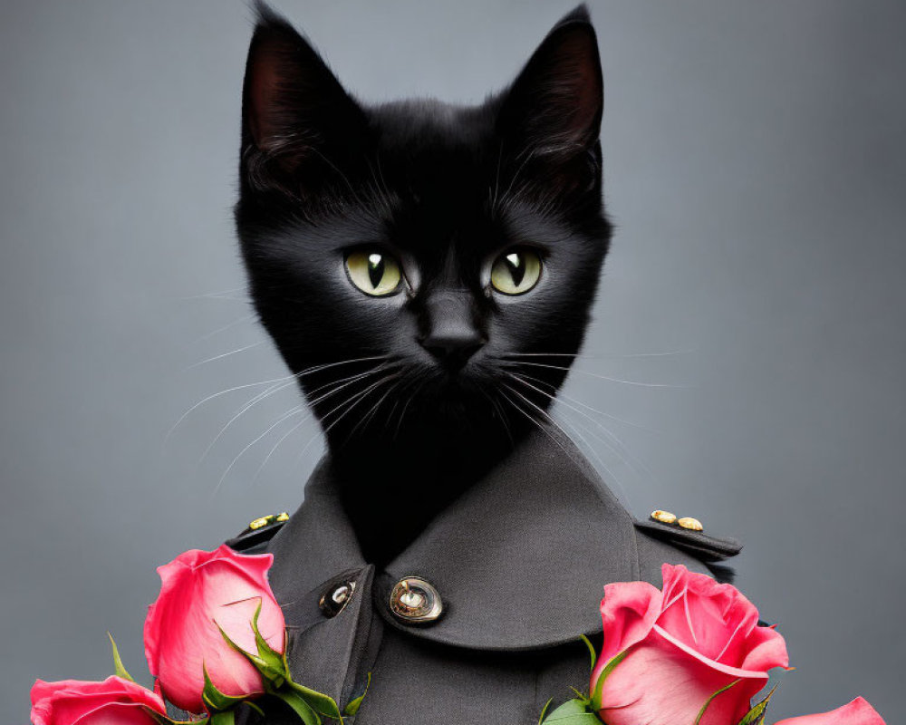 Black cat with green eyes in pink rose coat on grey background