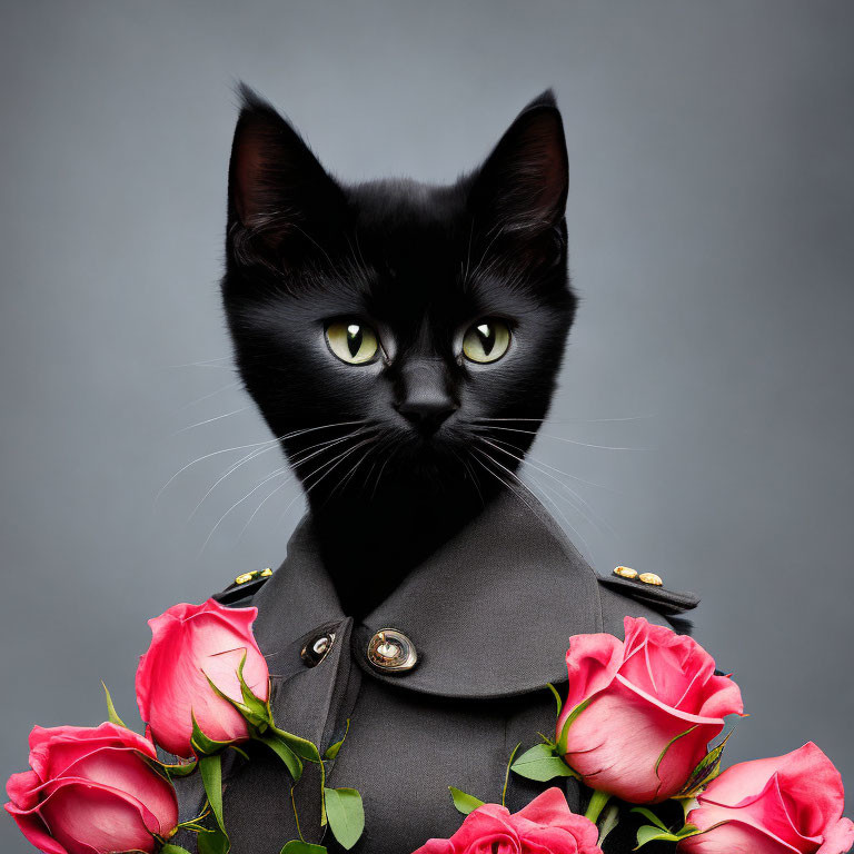 Black cat with green eyes in pink rose coat on grey background