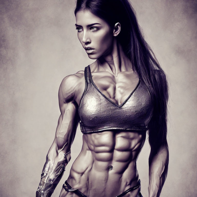 Muscular woman in metallic sports bra on gray background