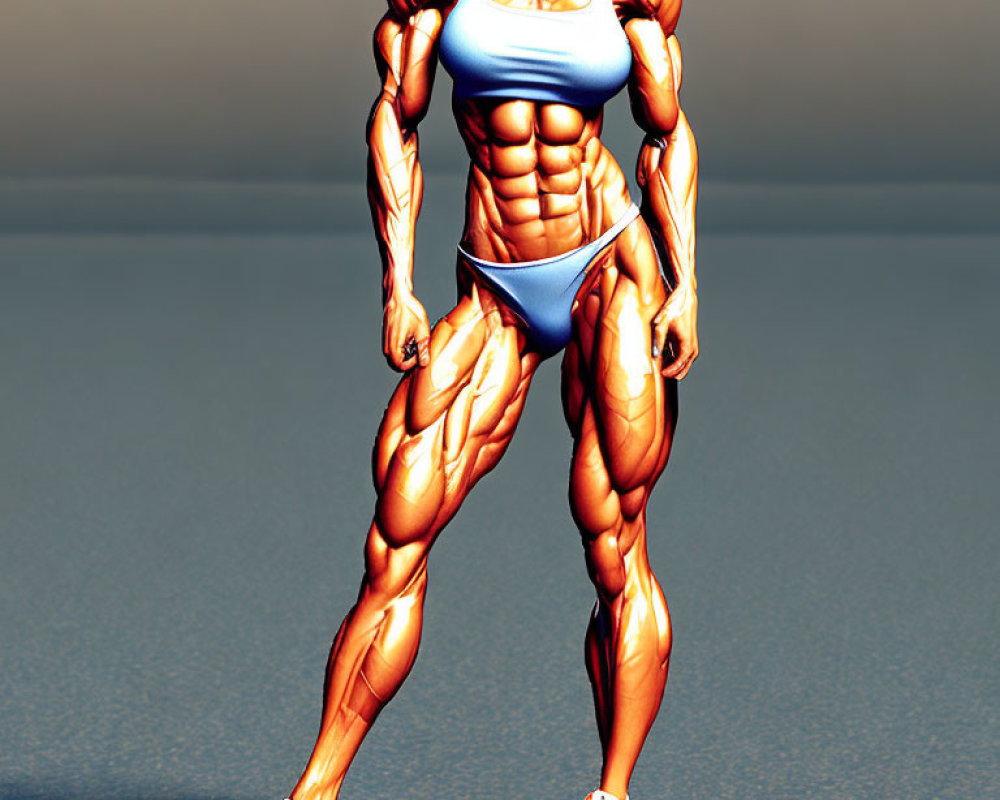Digitally-rendered muscular female figure in blue sports bra and bikini bottom posing on plain background