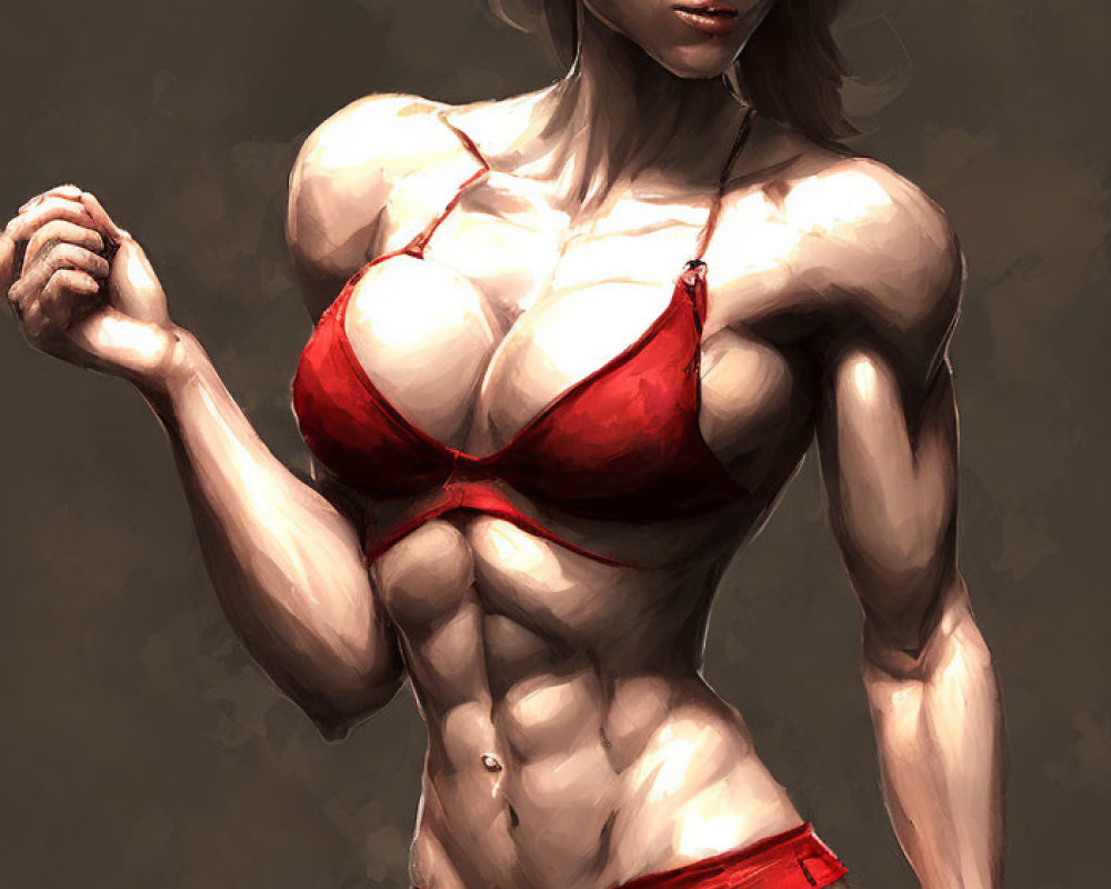 Muscular Woman in Red Bikini with Determined Expression