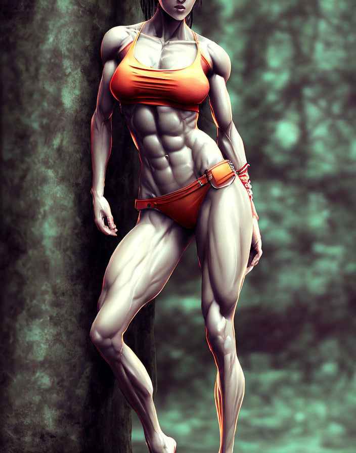 Digitally-drawn muscular female character in orange sports bra and briefs against textured tree backdrop