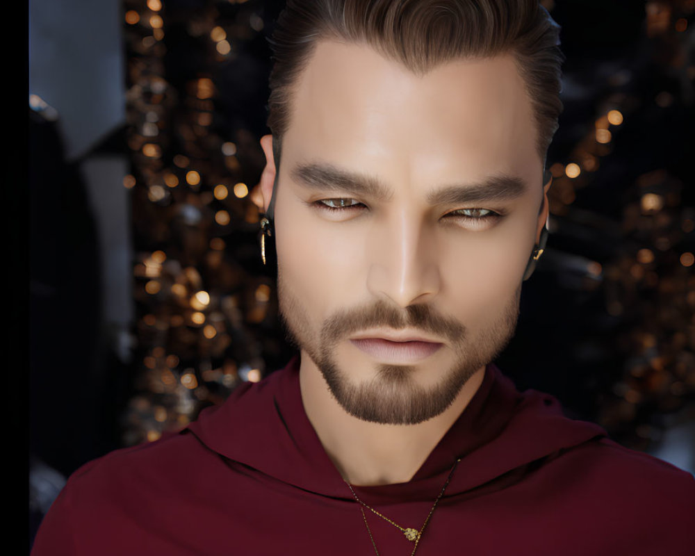 Stylish man with beard and maroon shirt in warm bokeh lights