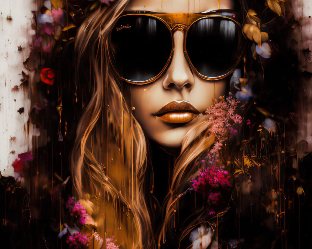 Artistic Image of Woman with Sunglasses and Floral Crown in Dark Tones