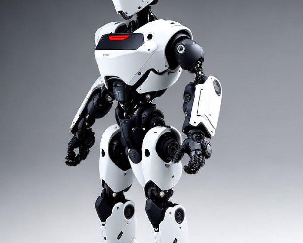 Sleek White and Black Humanoid Robot with Articulated Joints and Visor