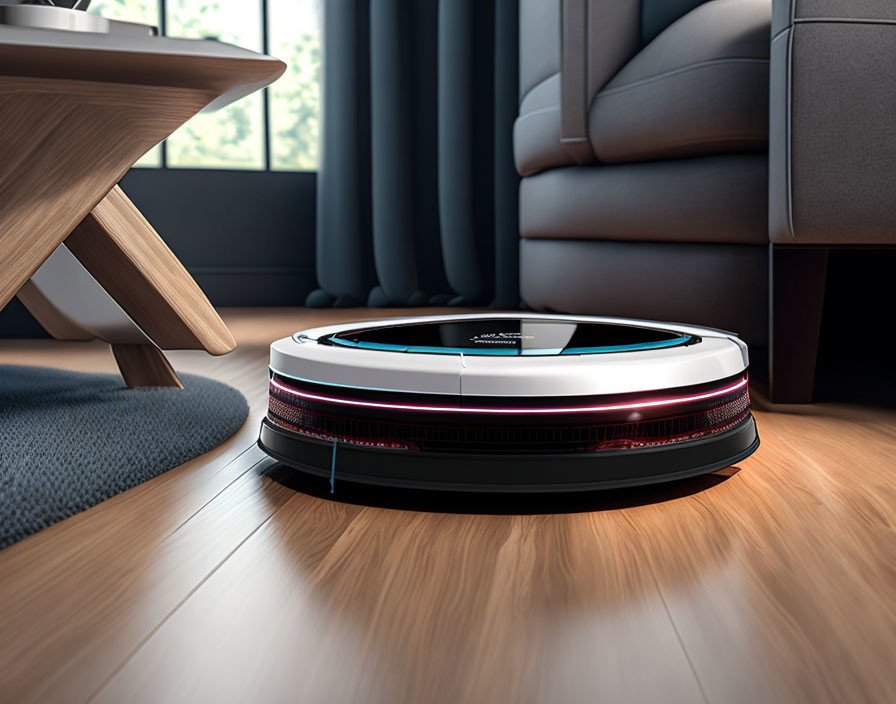 Robotic Vacuum Cleaner on Hardwood Floor in Modern Living Room