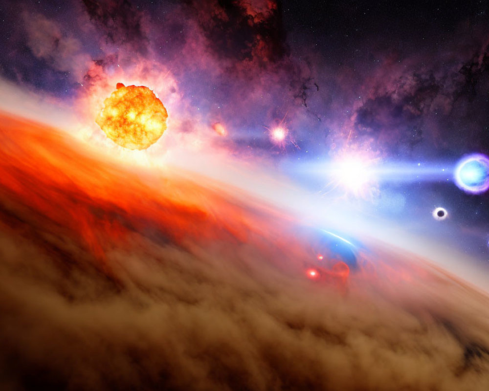 Colorful cosmic scene with exploding star and nebulae