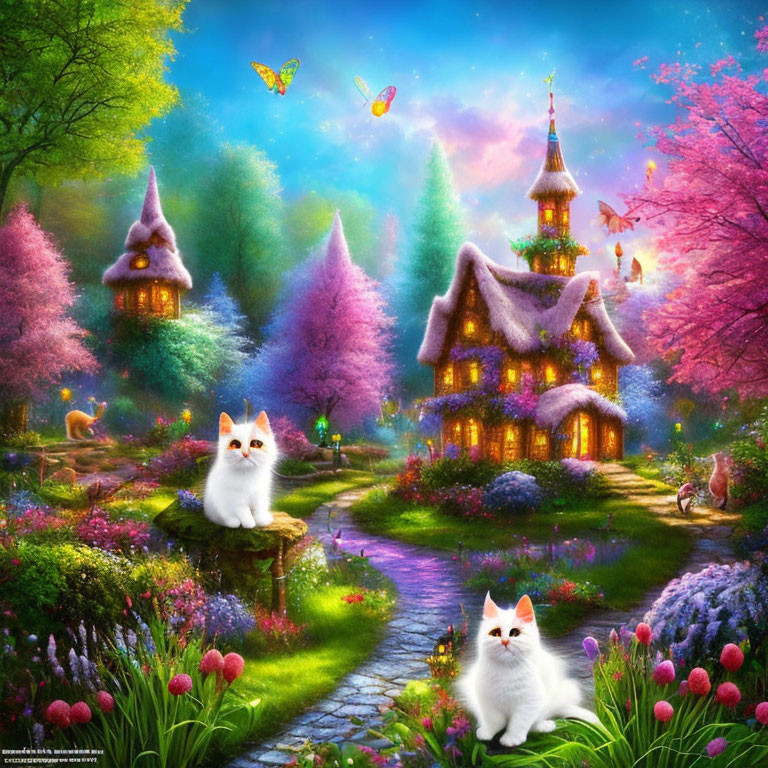 Thatched Roof Cottage Surrounded by Cats, Flowers, and Trees