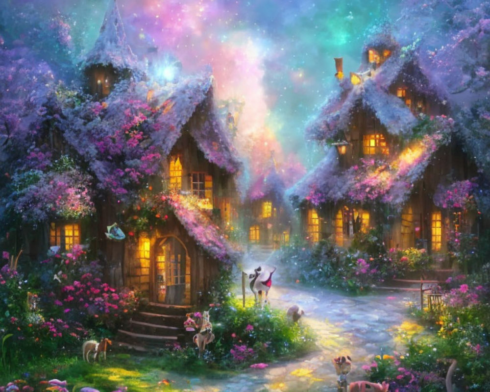 Twilight village scene with starry sky, cottages, flowers, deer, mushrooms