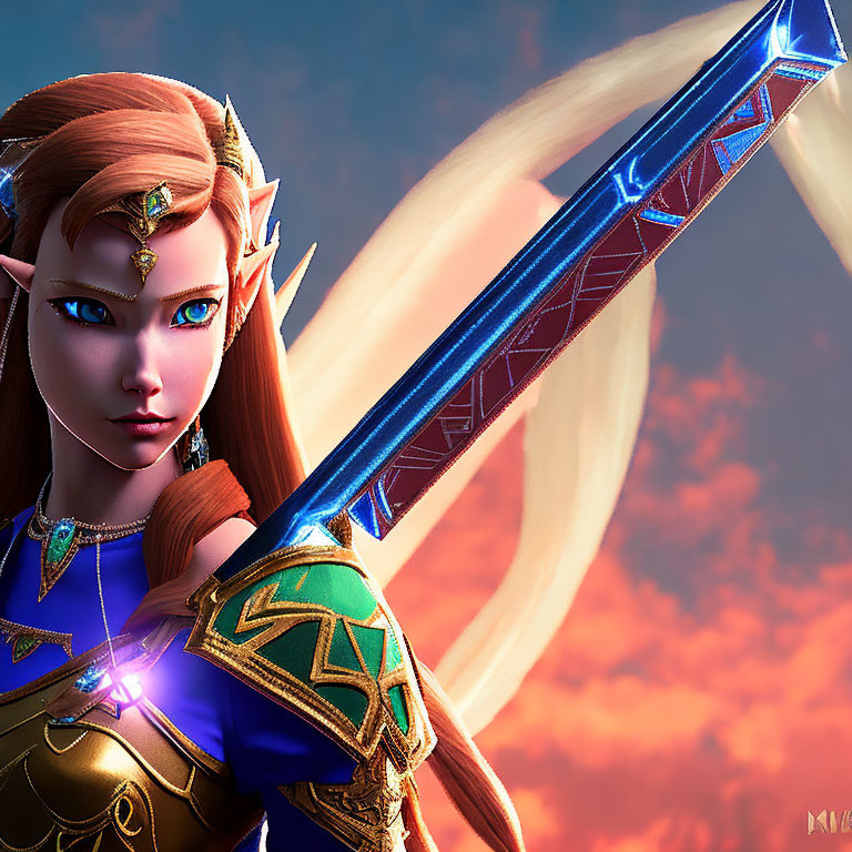 Fantasy 3D illustration of blue-eyed elven warrior in ornate blue and gold armor