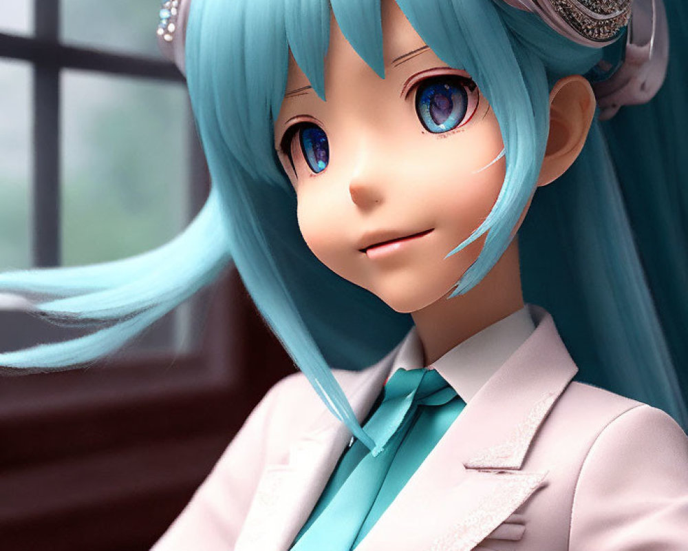 Smiling anime-style girl with turquoise hair and headphones in 3D render