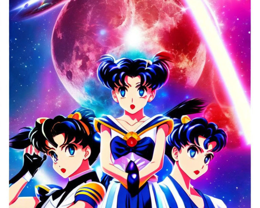 Three female anime characters in colorful sailor uniforms under a red moon with comet and stars in vivid space background
