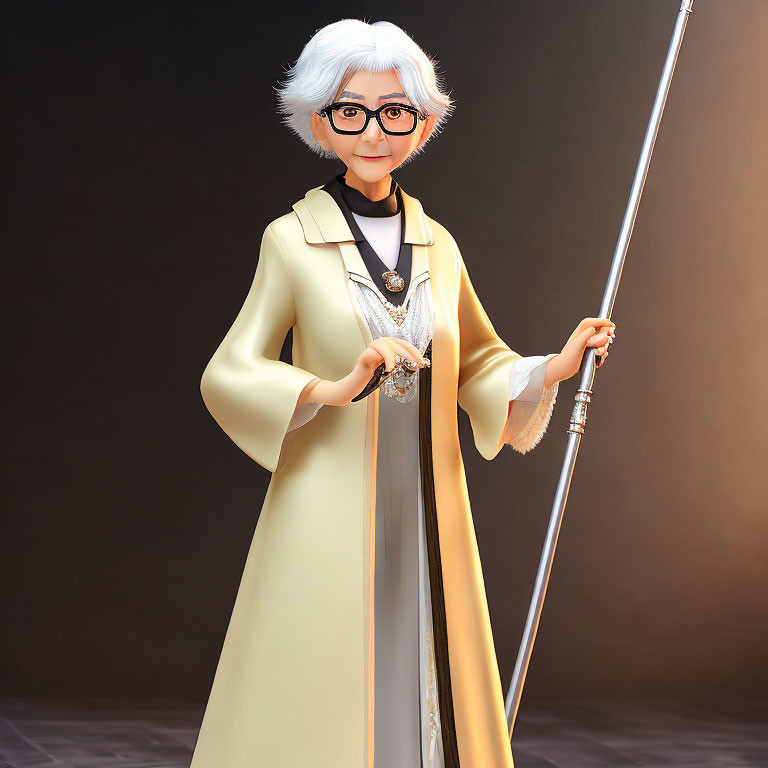 Elderly Woman with White Hair and Glasses Holding Staff